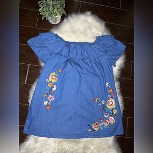 Velzera chambray floral embroidered off the shoulder tunic mini dress sz 1X